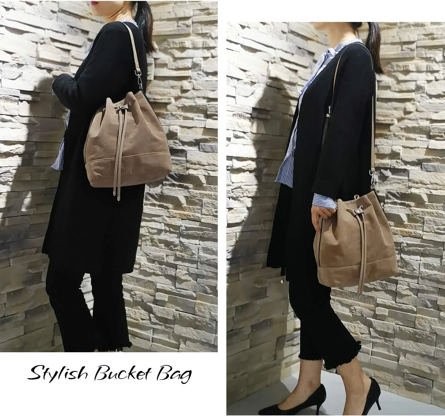 AFKOMST Leather Bucket Bags and Drawstring Crossbody Purse for Women Medium Tote and Hobo Handbags with 2 Shouder Straps