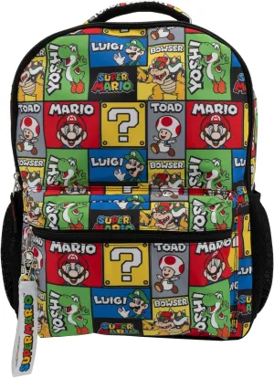 AI ACCESSORY INNOVATIONS Super Mario Brothers Backpack for Kids, 16” School Bag, Allover Character Print Including Mario, Yoshi, Luigi, Toad, Boswer, Gaming Bookbag