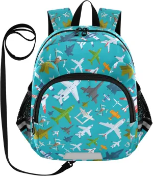 Aircraft Plane Preschool Backpack Blue Daycare Bookbag School Backpack with Traction Rope for Kids 3-6