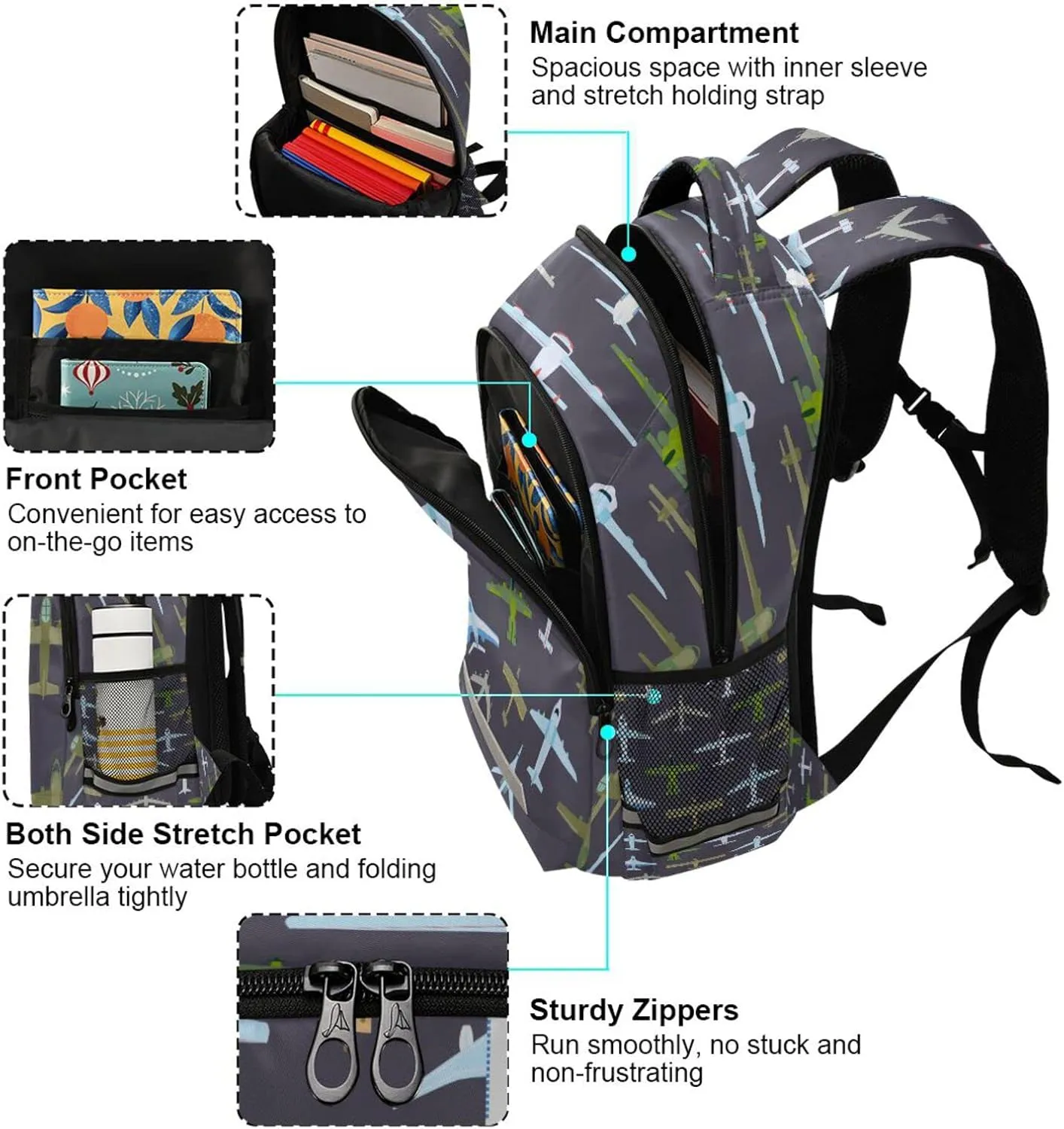 Airplane Backpack for Girls Kids Boys School Bookbags, Student Laptop Backpack Carrying Bag Casual Lightweight Travel Sports Day Packs