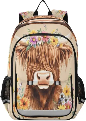 ALAZA Adorable Highland Cow Florals Laptop Backpack Purse for Women BookBags 17 inch School Bags Men Boys Girls Travel Casual Daypack