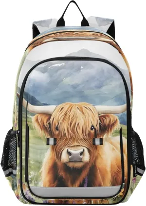 ALAZA Highland Cow Cattle Mountains Daisy Laptop Backpack Purse for Women Men School Bag 17 Inch Bookbag Student Boys Girls Travel Casual Daypack