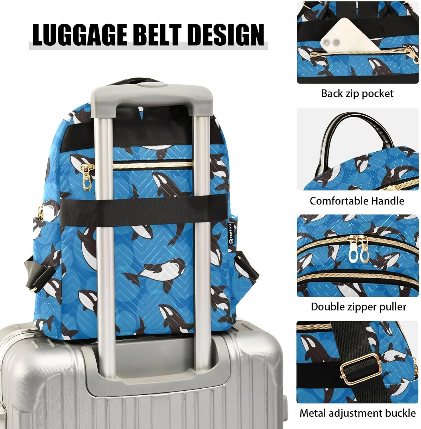 ALAZA Mini Backpack Purse for Women Lightweight Girls Small Size Orca Whale Blue School Teens College Traveling