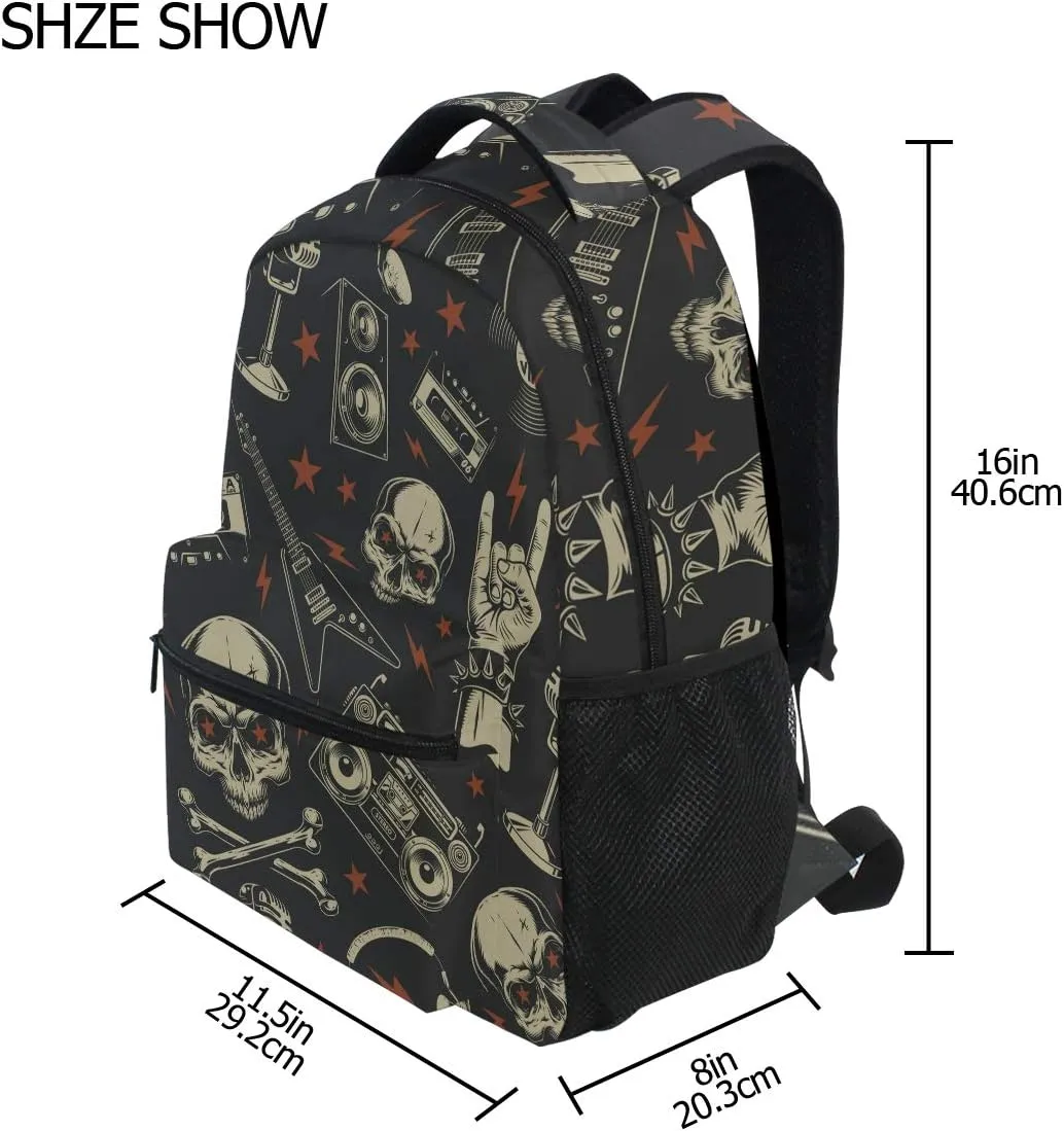 ALAZA Punk Skull Rolk Music & Guitar Large Backpack Personalized Laptop iPad Tablet Travel School Bag with Multiple Pockets