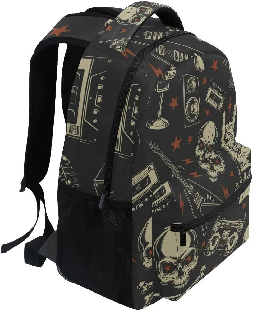 ALAZA Punk Skull Rolk Music & Guitar Large Backpack Personalized Laptop iPad Tablet Travel School Bag with Multiple Pockets