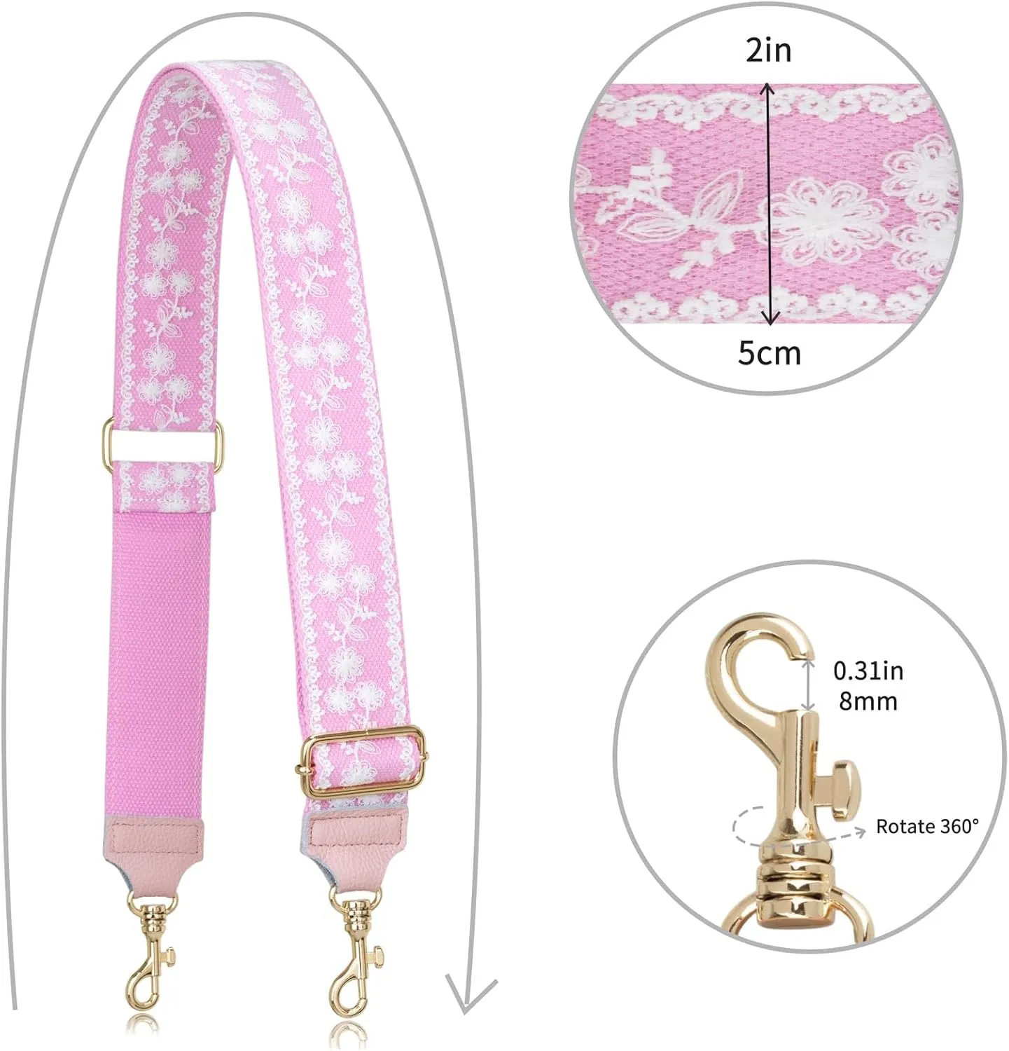 ALLZEDREAM Purse Strap Crossbody Replacement Handbag Shoulder Bag 2" Wide Adjustable Lace Sequins Genuine Leather Ends