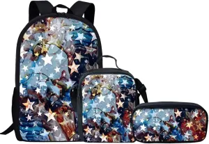 American Flag Print Kids Backpack Set with Insulated Lunch Bag and Pencil Case,Girls Boys Primary School Bookbag Elementary Students Backpacks,3 in 1