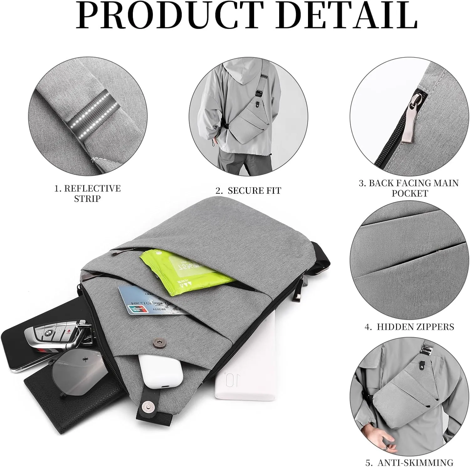 Anti Theft Crossbody Bag,Sling Bag for Women Men,Multi-pocket Chest Shoulder Bag for Travel, Sport, Work