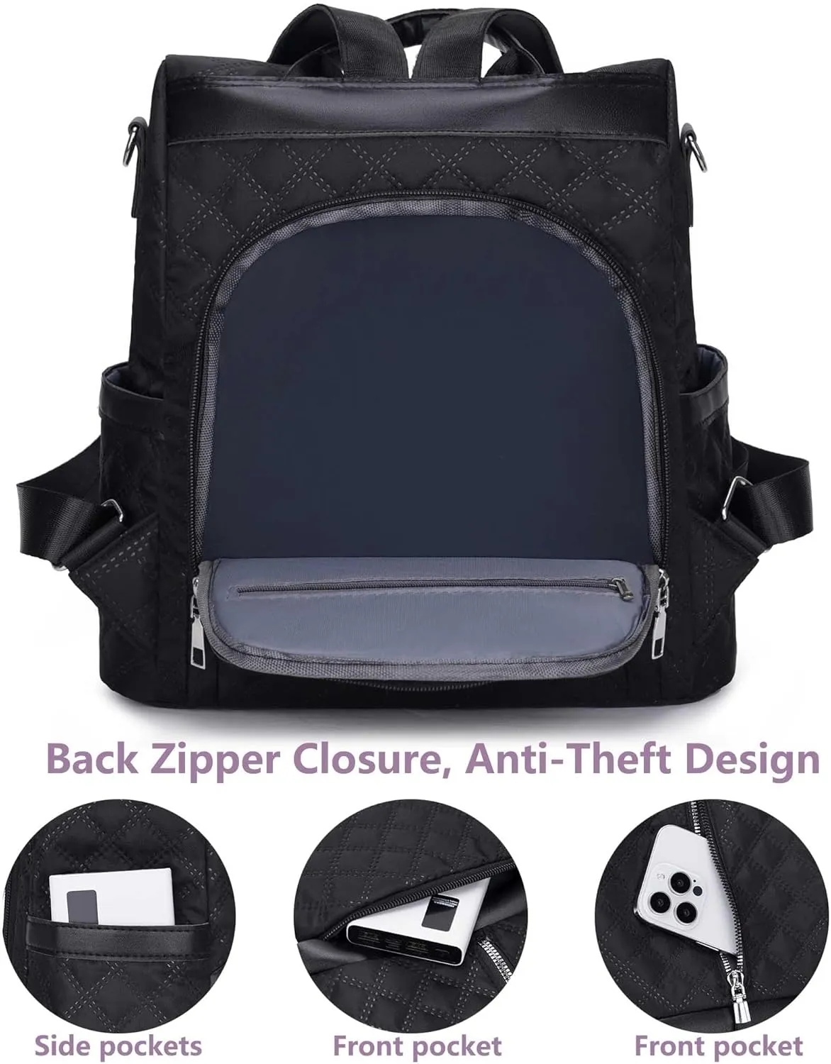 Anti-Theft Lightweight Casual Quilted Backpack for Women Ladies Stylish Convertible Shoulder Bag Daypack (Black)