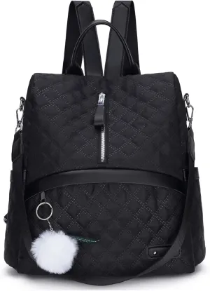 Anti-Theft Lightweight Casual Quilted Backpack for Women Ladies Stylish Convertible Shoulder Bag Daypack (Black)