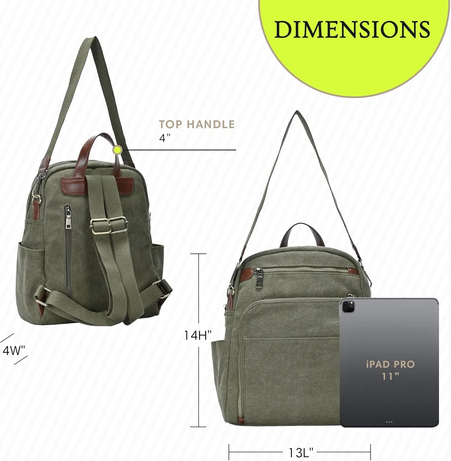 Antik Kraft Willa Canvas Backpack (Olive) | Convertible Backpack Purse for Women | Heavy Duty Canvas Shoulder Bag | 13" L x 4" W x 14" H