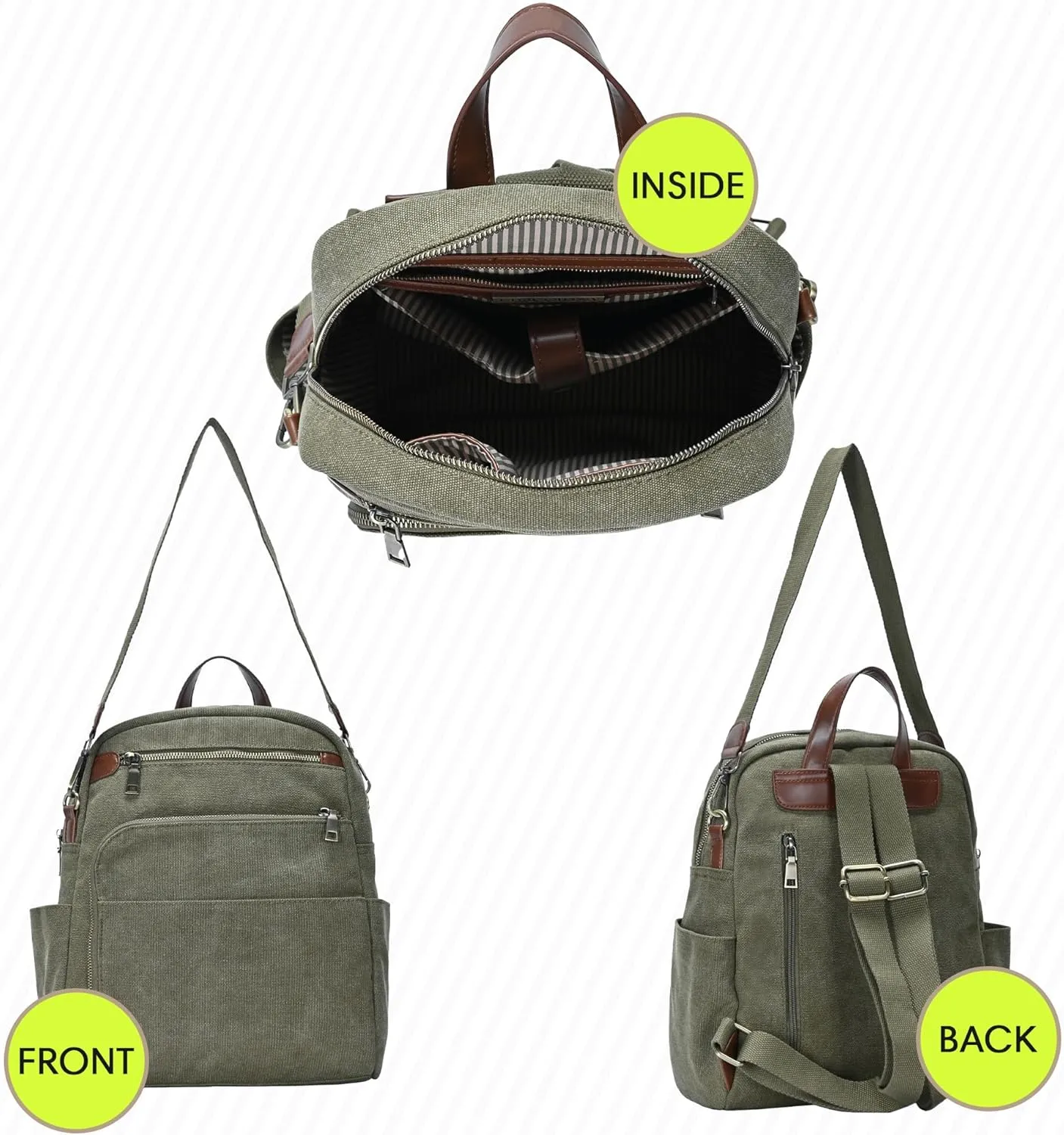 Antik Kraft Willa Canvas Backpack (Olive) | Convertible Backpack Purse for Women | Heavy Duty Canvas Shoulder Bag | 13" L x 4" W x 14" H