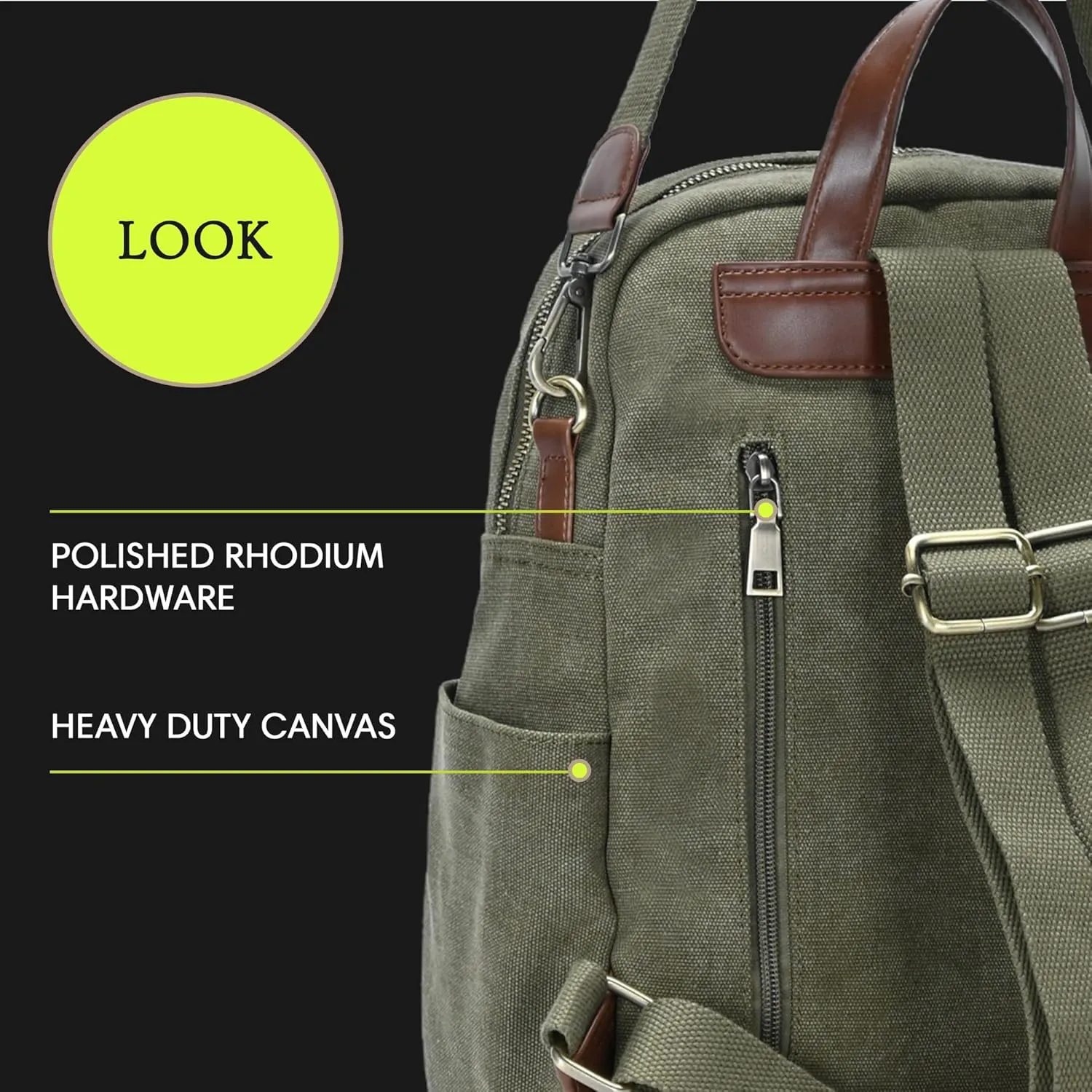 Antik Kraft Willa Canvas Backpack (Olive) | Convertible Backpack Purse for Women | Heavy Duty Canvas Shoulder Bag | 13" L x 4" W x 14" H
