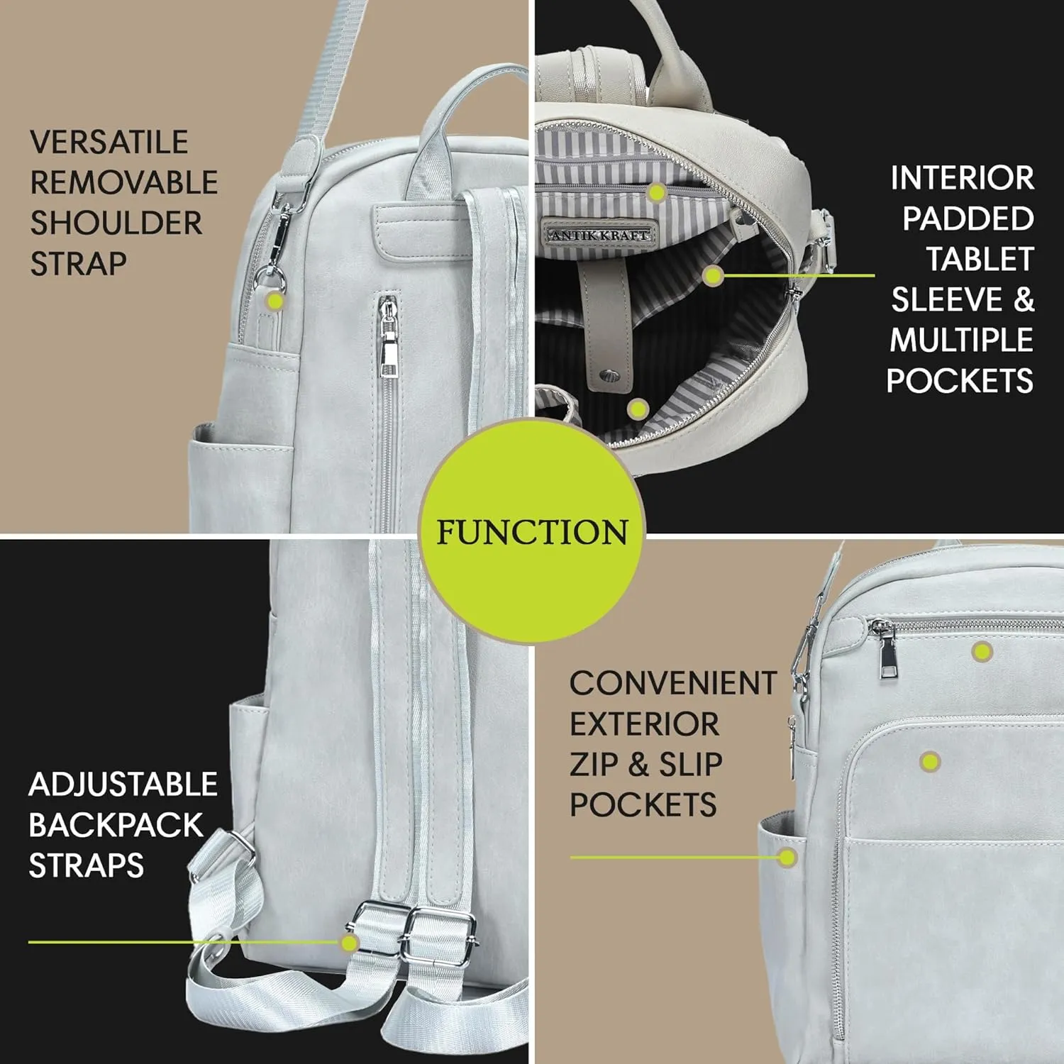 Antik Kraft Willa Vegan Leather Backpack (Grey) | Convertible Backpack Purse for Women | Vegan Leather Shoulder Bag | 13" L x 4" W x 14" H