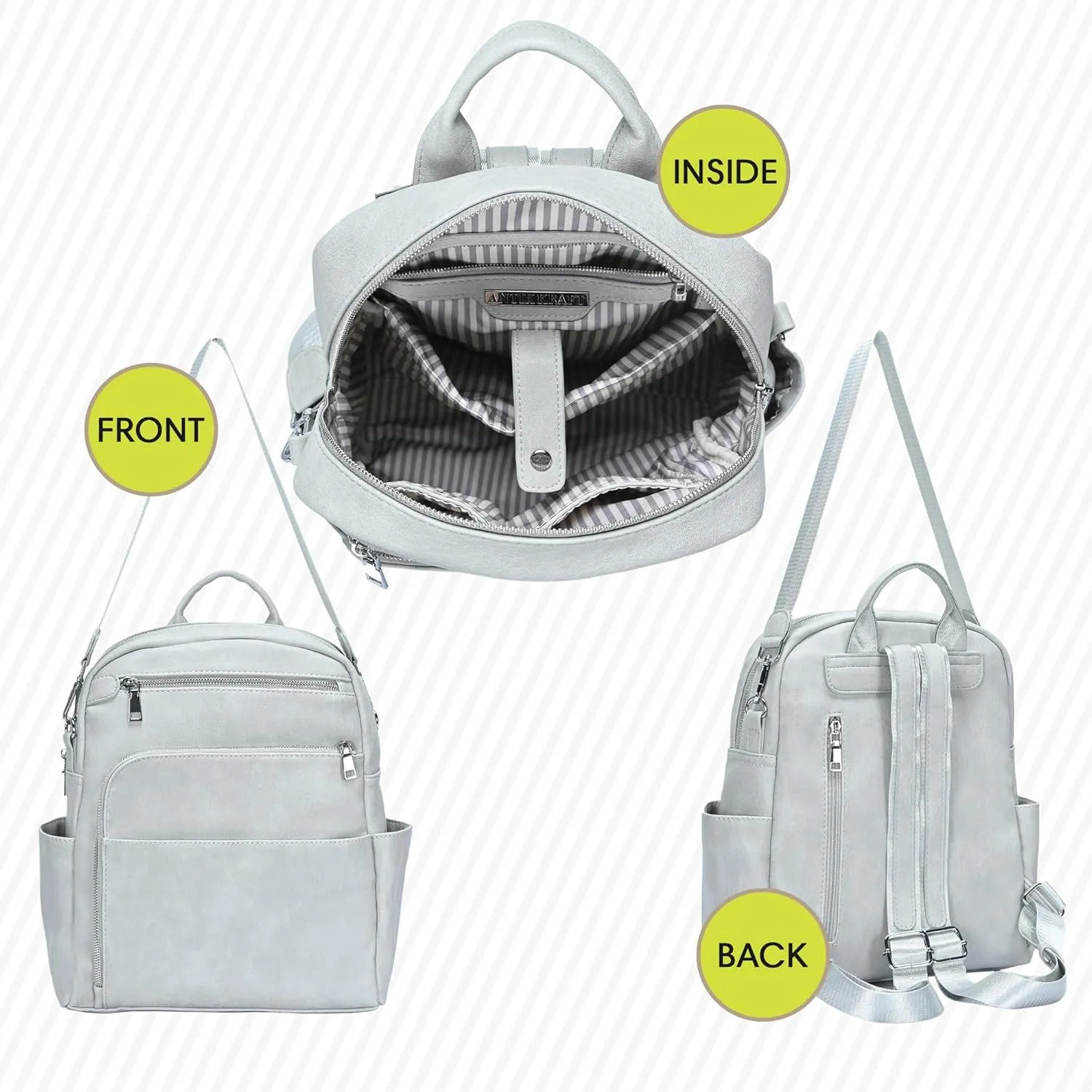 Antik Kraft Willa Vegan Leather Backpack (Grey) | Convertible Backpack Purse for Women | Vegan Leather Shoulder Bag | 13" L x 4" W x 14" H