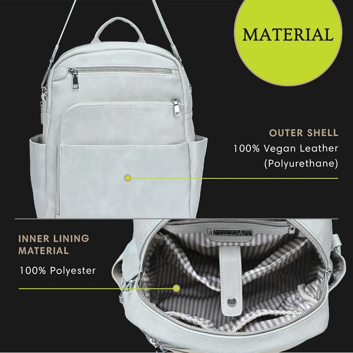 Antik Kraft Willa Vegan Leather Backpack (Grey) | Convertible Backpack Purse for Women | Vegan Leather Shoulder Bag | 13" L x 4" W x 14" H