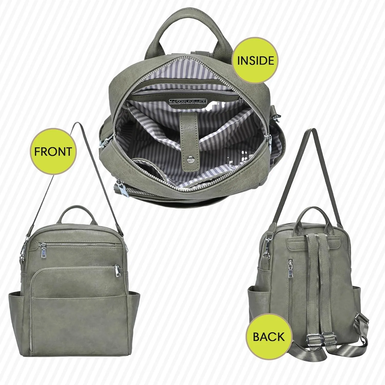 Antik Kraft Willa Vegan Leather Backpack (Olive) | Convertible Backpack Purse for Women | Vegan Leather Shoulder Bag | 13" L x 4" W x 14" H