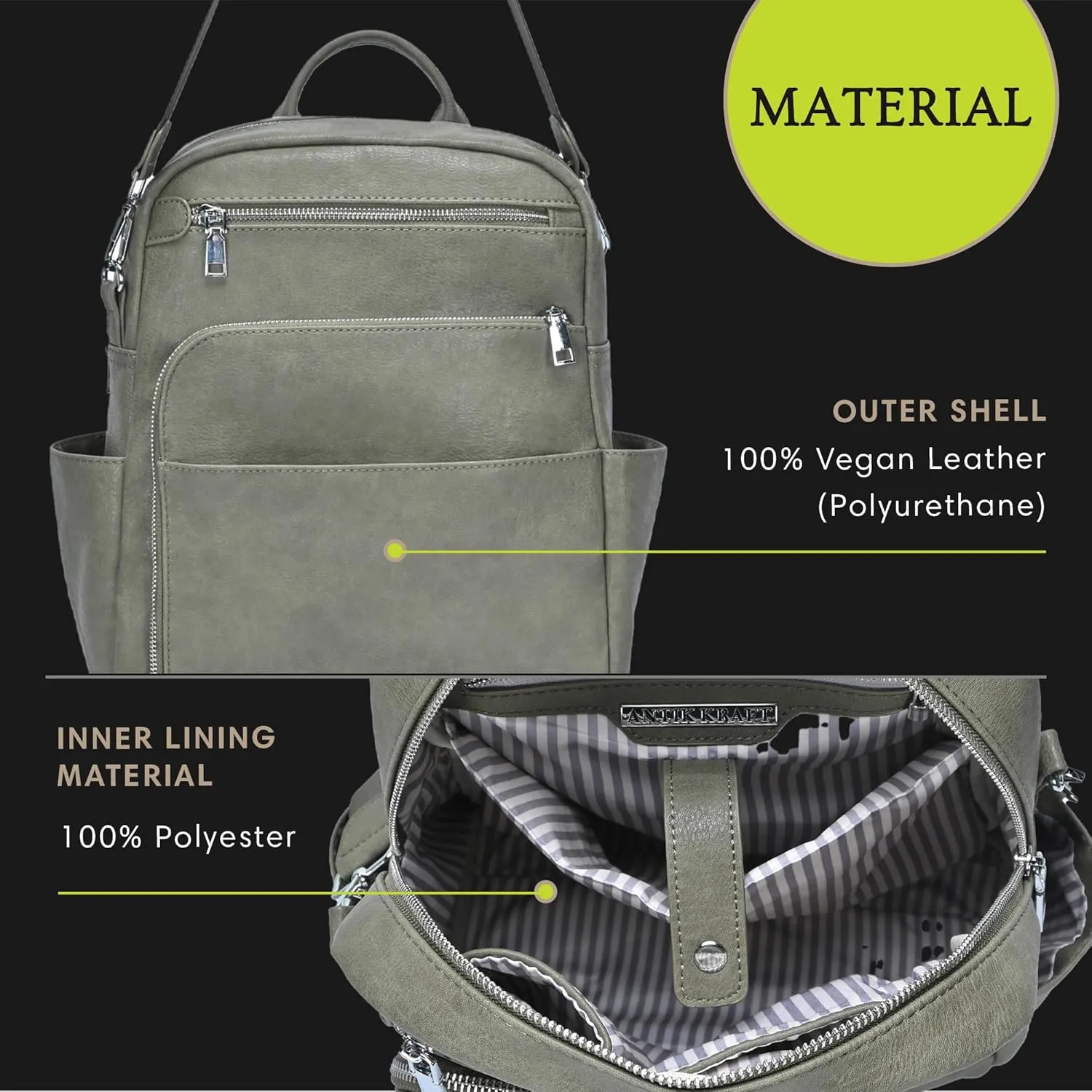 Antik Kraft Willa Vegan Leather Backpack (Olive) | Convertible Backpack Purse for Women | Vegan Leather Shoulder Bag | 13" L x 4" W x 14" H