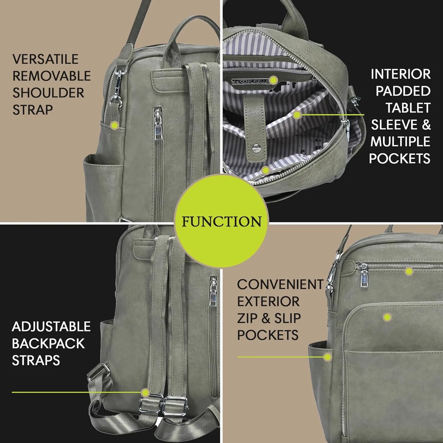 Antik Kraft Willa Vegan Leather Backpack (Olive) | Convertible Backpack Purse for Women | Vegan Leather Shoulder Bag | 13" L x 4" W x 14" H