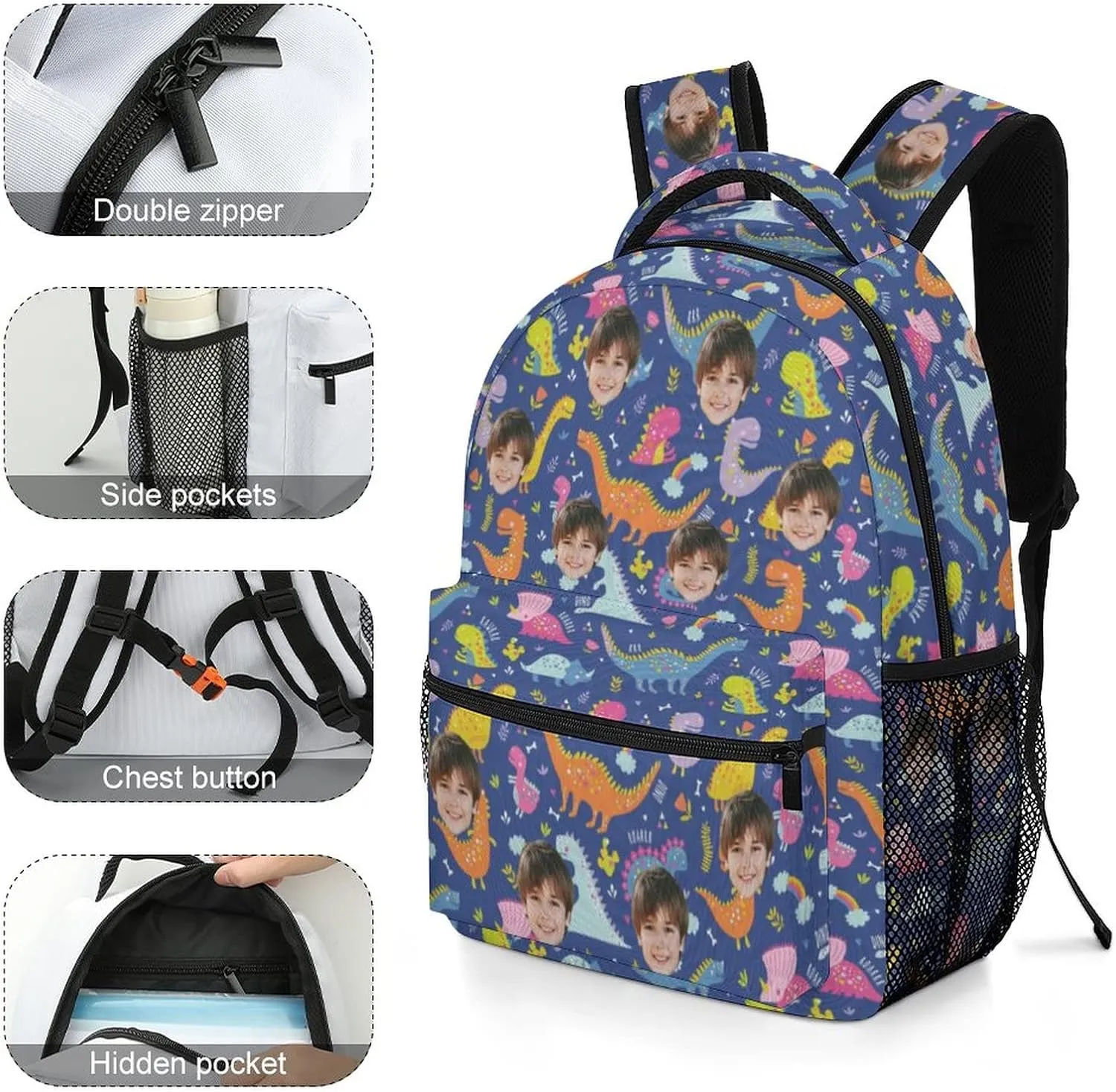 Artsadd Custom Face Student School Backpack for Boys, Cute Dinosaur Toddler Bag Personalized Photo Preschool Bag Travel Backpack for Teens Adults, Back-to-School Gifts for Son Grandson Nephew