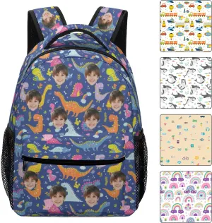 Artsadd Custom Face Student School Backpack for Boys, Cute Dinosaur Toddler Bag Personalized Photo Preschool Bag Travel Backpack for Teens Adults, Back-to-School Gifts for Son Grandson Nephew
