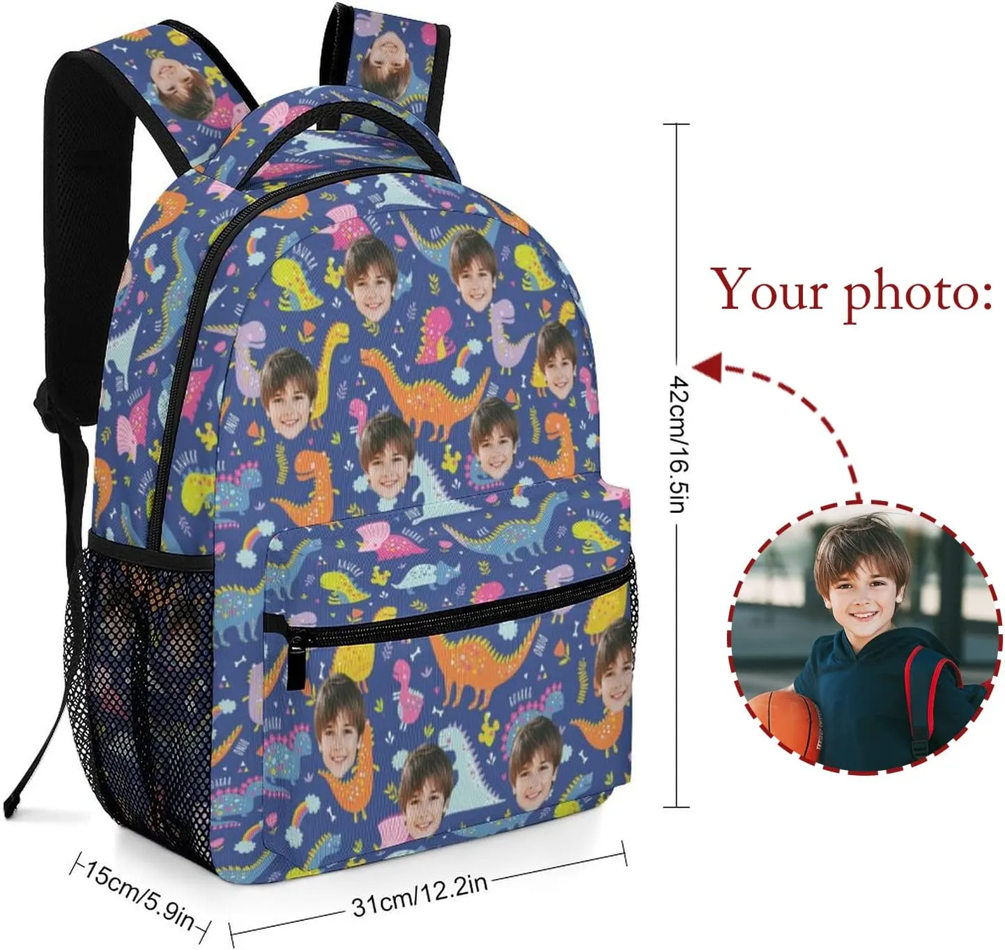 Artsadd Custom Face Student School Backpack for Boys, Cute Dinosaur Toddler Bag Personalized Photo Preschool Bag Travel Backpack for Teens Adults, Back-to-School Gifts for Son Grandson Nephew