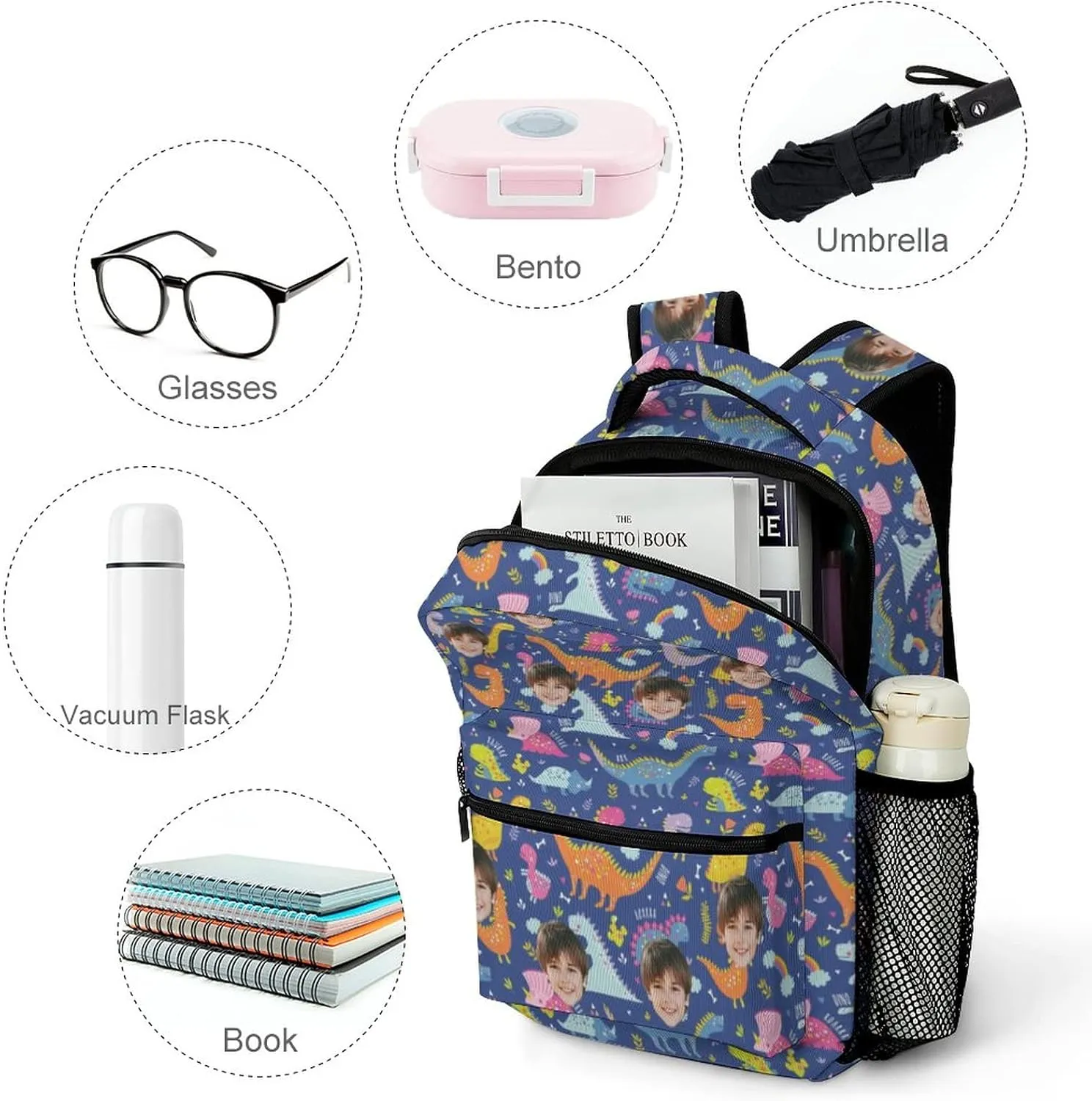 Artsadd Custom Face Student School Backpack for Boys, Cute Dinosaur Toddler Bag Personalized Photo Preschool Bag Travel Backpack for Teens Adults, Back-to-School Gifts for Son Grandson Nephew