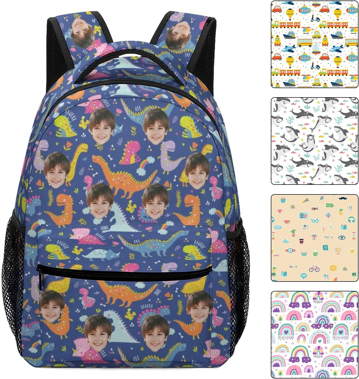 Artsadd Custom Face Student School Backpack for Boys, Cute Dinosaur Toddler Bag Personalized Photo Preschool Bag Travel Backpack for Teens Adults, Back-to-School Gifts for Son Grandson Nephew