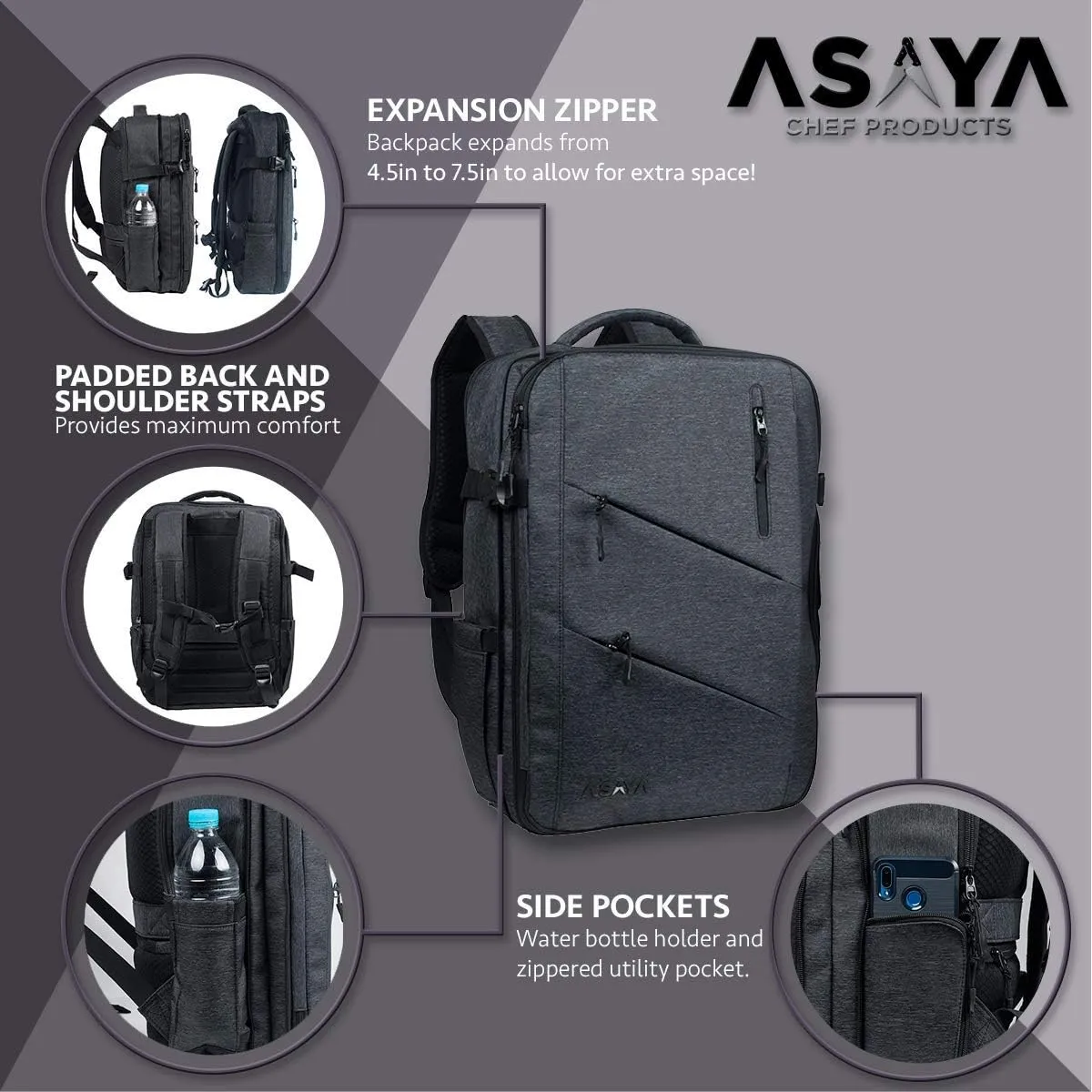 Asaya Chef Knife Backpack with 20 Pocket Knife Roll Bag - Over 30 Pockets for Knives - Knives Not Included (Black)