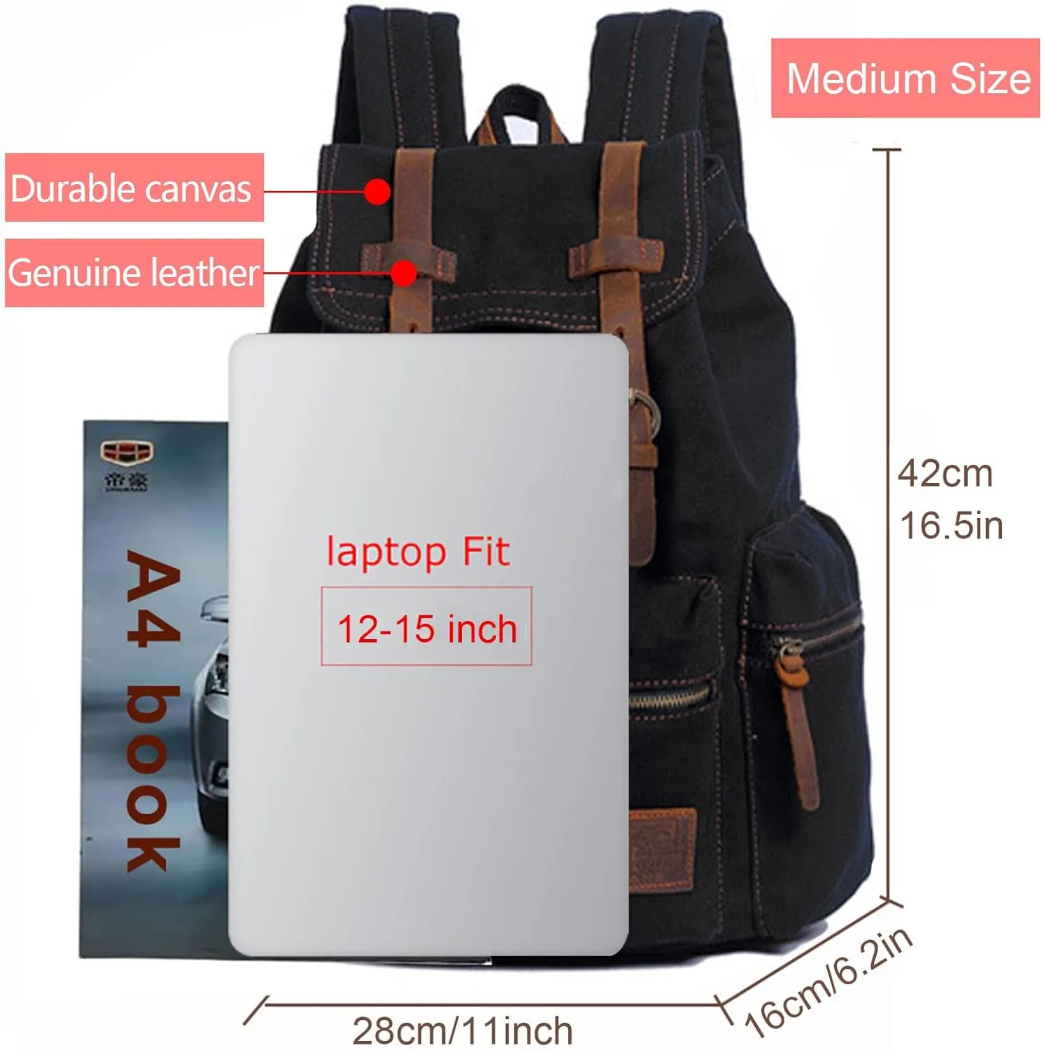 AUGUR High Capacity Canvas Vintage Backpack - for Hiking Travel 12-15" Laptop Backapcks for Men Casual Daypacks School bag Rucksack (M-Black)