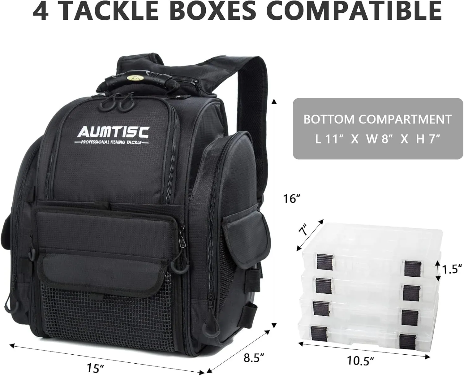 AUMTISC Fishing Tackle Bag Backpack for Men with 4 Tackle Boxes, 2 Rod Holder, Rain Cover, Large Fishing Equipment Gear Bags for Camping, Hiking