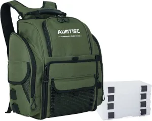 AUMTISC Fishing Tackle Bag Backpack for Men with 4 Tackle Boxes, 2 Rod Holder, Rain Cover, Large Fishing Equipment Gear Bags for Camping, Hiking