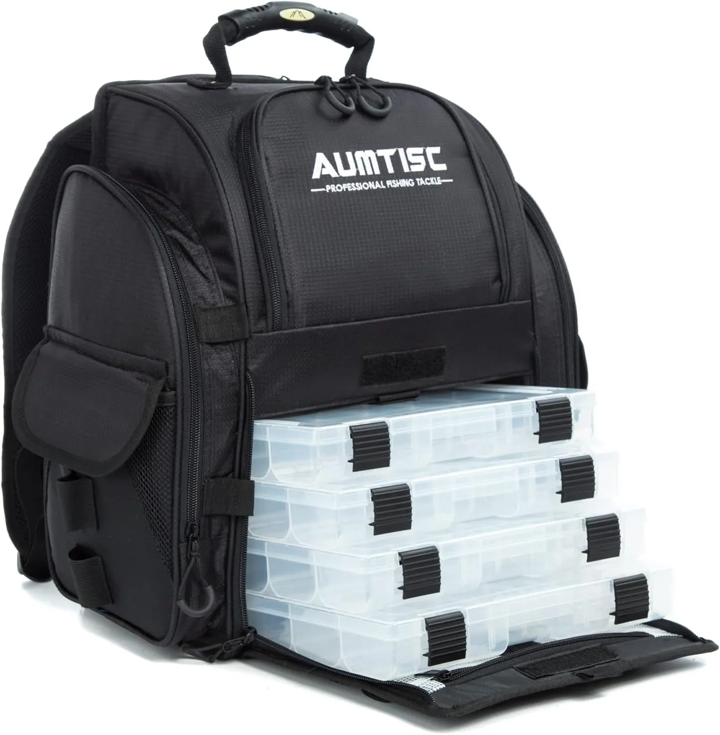 AUMTISC Fishing Tackle Bag Backpack for Men with 4 Tackle Boxes, 2 Rod Holder, Rain Cover, Large Fishing Equipment Gear Bags for Camping, Hiking