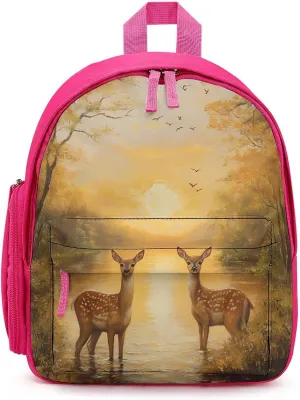 Autumn Deers at Sunset by The Lake Cute Backpack Shoulders Bag Casual Daypacks Travel Back Pack for Camping Hiking Pink-style