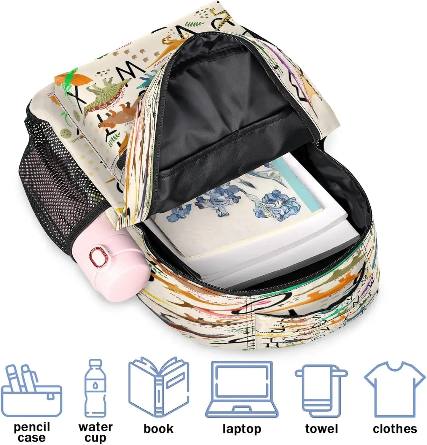 AUUXVA Alphabet Dinosaur Backpack for School Kids Girls Boys Education Letter Bookbag Laptop Backpack 14 Inch Travel Daypack Student Computer Bag for Women Teen Girls College Work
