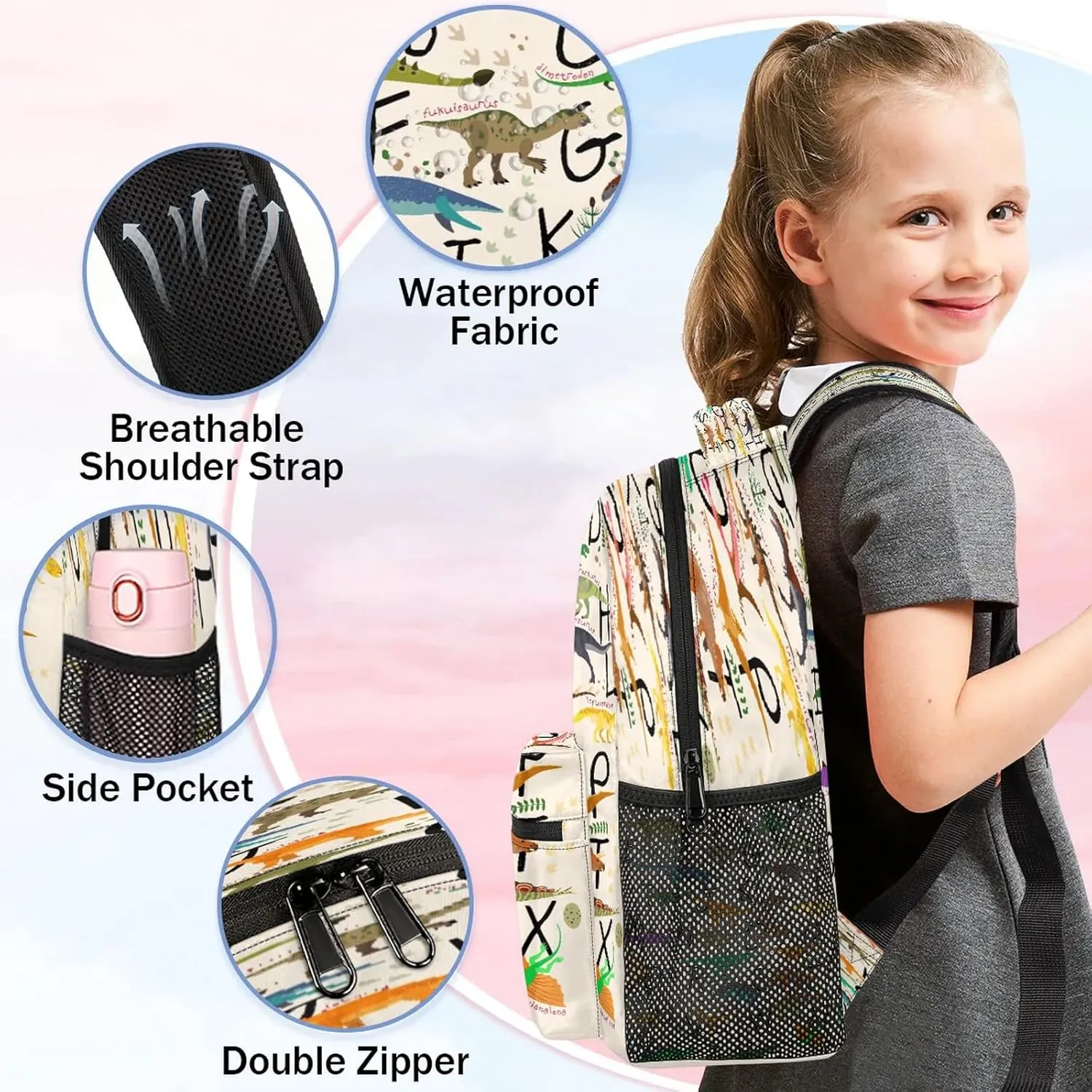AUUXVA Alphabet Dinosaur Backpack for School Kids Girls Boys Education Letter Bookbag Laptop Backpack 14 Inch Travel Daypack Student Computer Bag for Women Teen Girls College Work