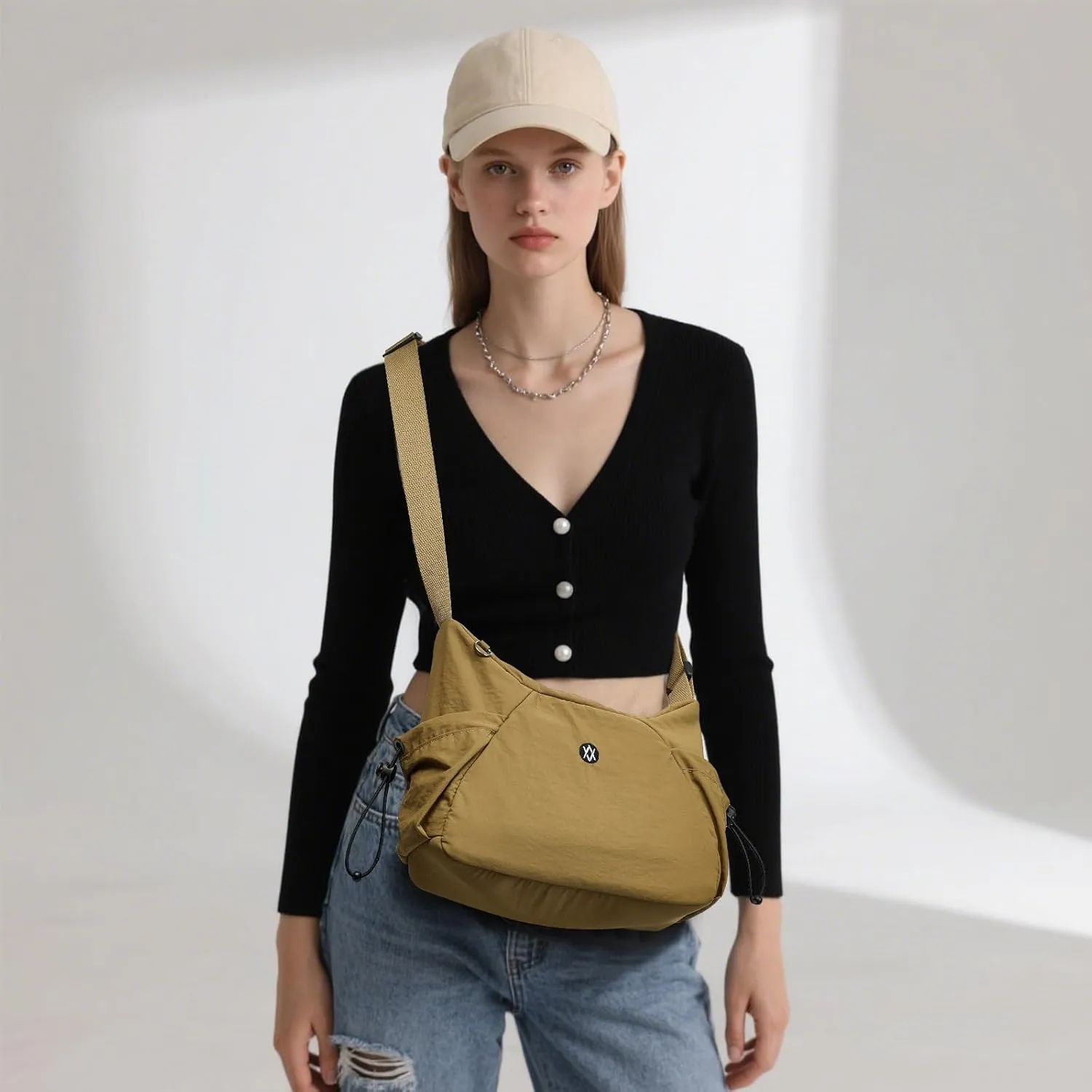 Axcone Hobo Bag for Women Nylon Crossbody Bag Multi-Pocket Sling Bag Roomy Lightweight Casual Shoulder Bag Adjustable Strap