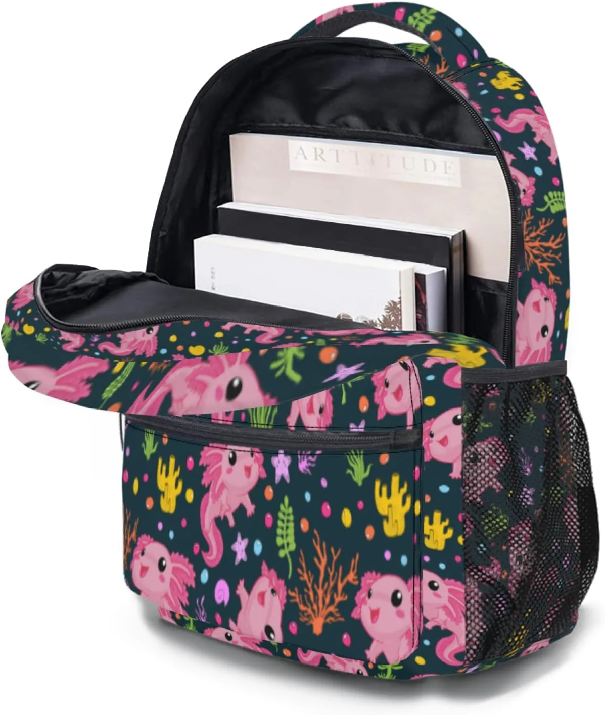 Axolotl Salamander Backpack With Adjustable Padded Shoulder Straps 17 Inch Daypacks For College Travel