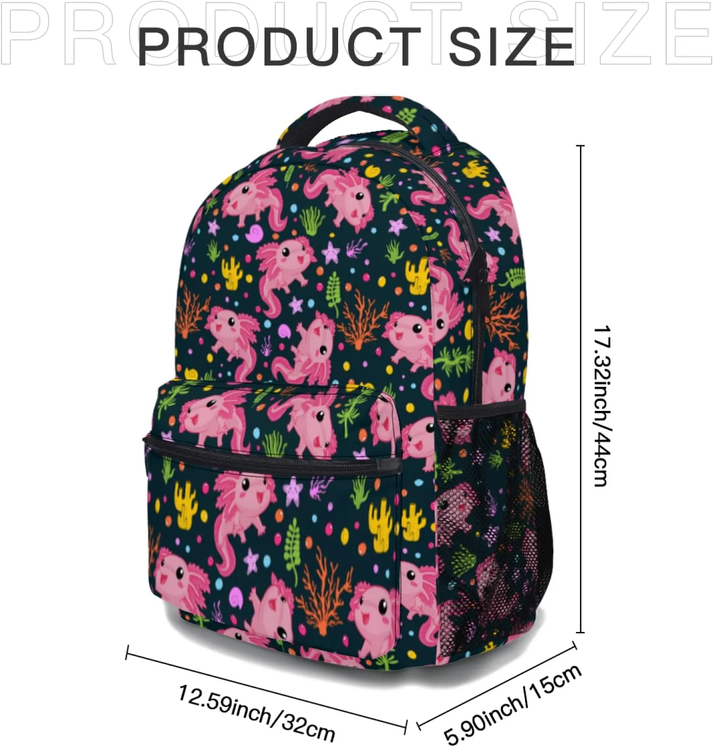 Axolotl Salamander Backpack With Adjustable Padded Shoulder Straps 17 Inch Daypacks For College Travel