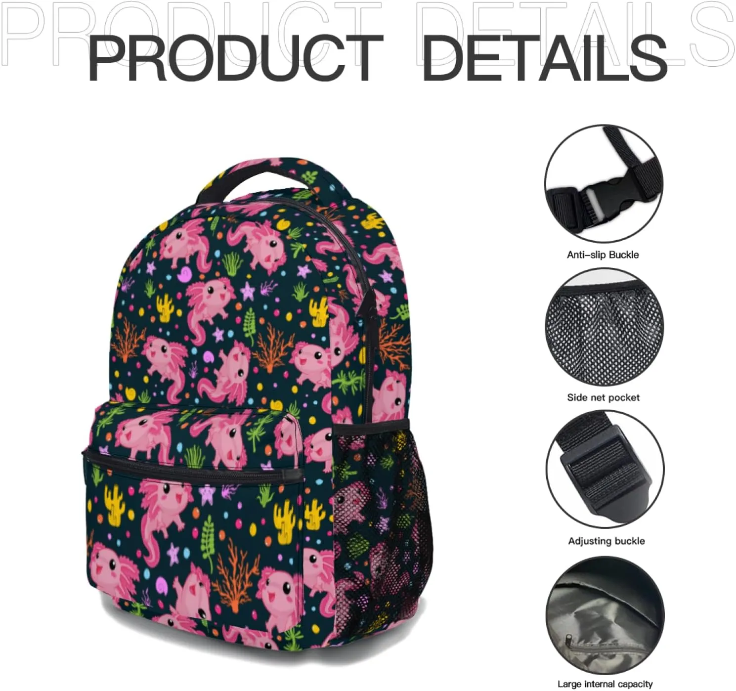 Axolotl Salamander Backpack With Adjustable Padded Shoulder Straps 17 Inch Daypacks For College Travel