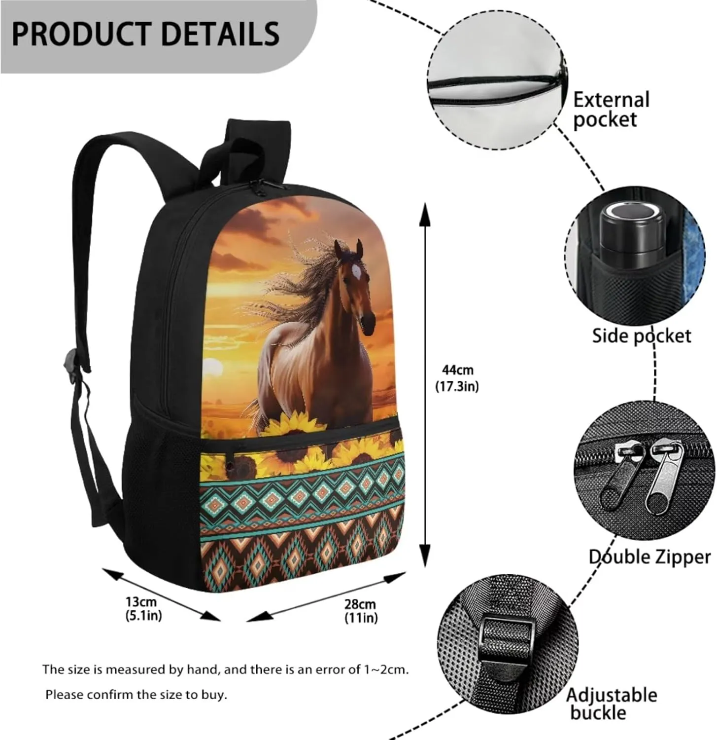 Aztec Sunflower Horse Preschool Backpack Kindergarten Elementary School Toddler 3 Pcs Bookbag with Lunch Bag Pencil Case Set 17 inch Schoolbag for Elementary 2nd 3rd 4th 5th Grade