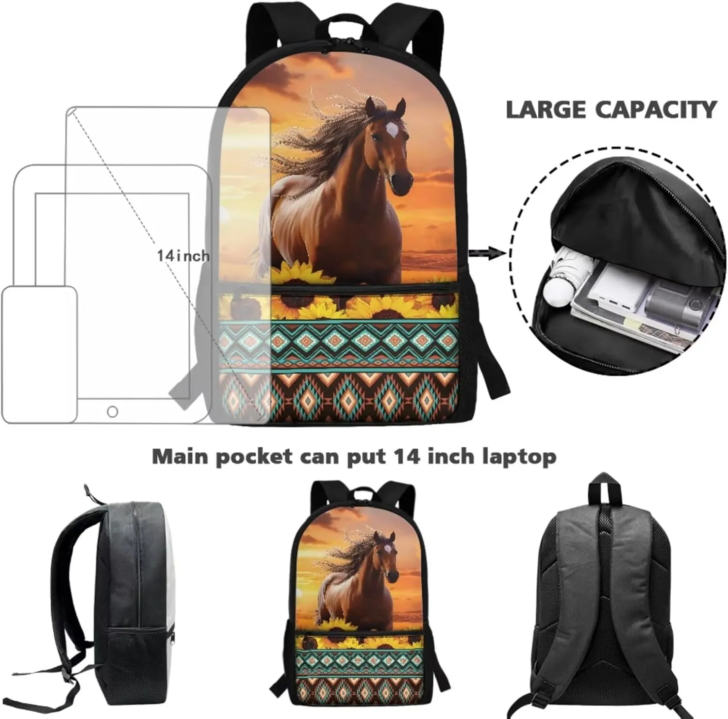 Aztec Sunflower Horse Preschool Backpack Kindergarten Elementary School Toddler 3 Pcs Bookbag with Lunch Bag Pencil Case Set 17 inch Schoolbag for Elementary 2nd 3rd 4th 5th Grade