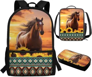 Aztec Sunflower Horse Preschool Backpack Kindergarten Elementary School Toddler 3 Pcs Bookbag with Lunch Bag Pencil Case Set 17 inch Schoolbag for Elementary 2nd 3rd 4th 5th Grade