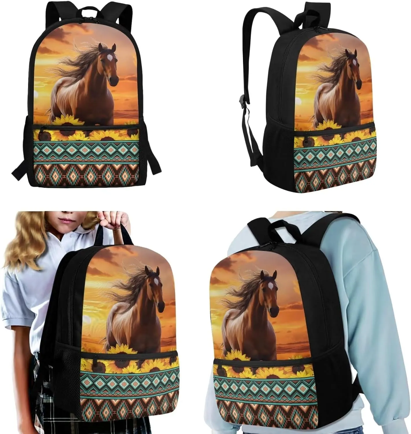 Aztec Sunflower Horse Preschool Backpack Kindergarten Elementary School Toddler 3 Pcs Bookbag with Lunch Bag Pencil Case Set 17 inch Schoolbag for Elementary 2nd 3rd 4th 5th Grade