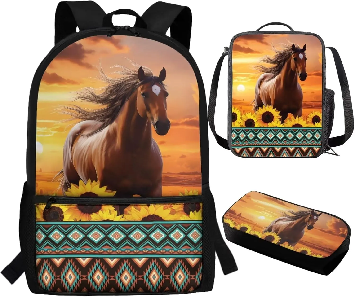 Aztec Sunflower Horse Preschool Backpack Kindergarten Elementary School Toddler 3 Pcs Bookbag with Lunch Bag Pencil Case Set 17 inch Schoolbag for Elementary 2nd 3rd 4th 5th Grade