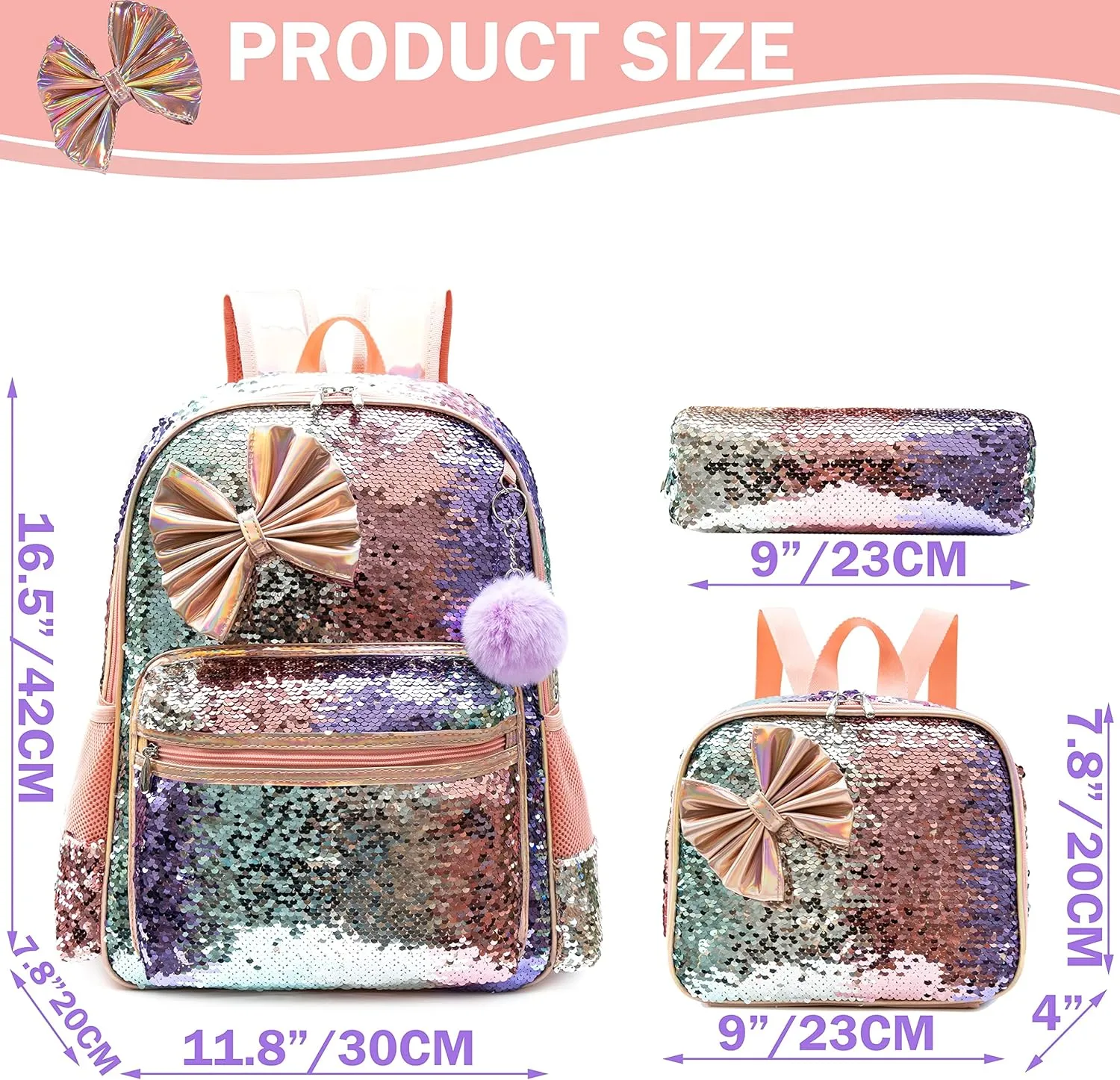 Backpack for Girls 16" Backpacks for Girls for School Sequin Backpack with Lunch Box for Elementary Students