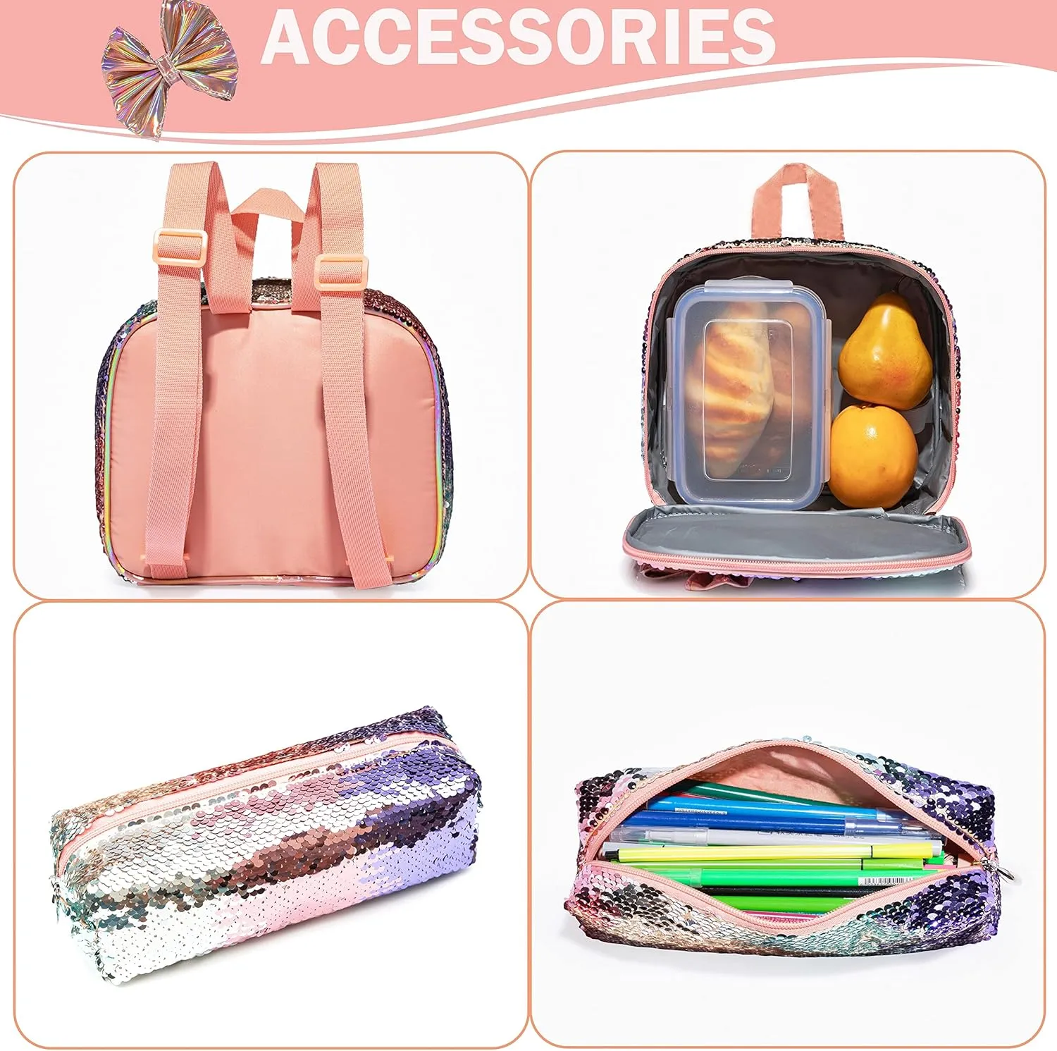 Backpack for Girls 16" Backpacks for Girls for School Sequin Backpack with Lunch Box for Elementary Students