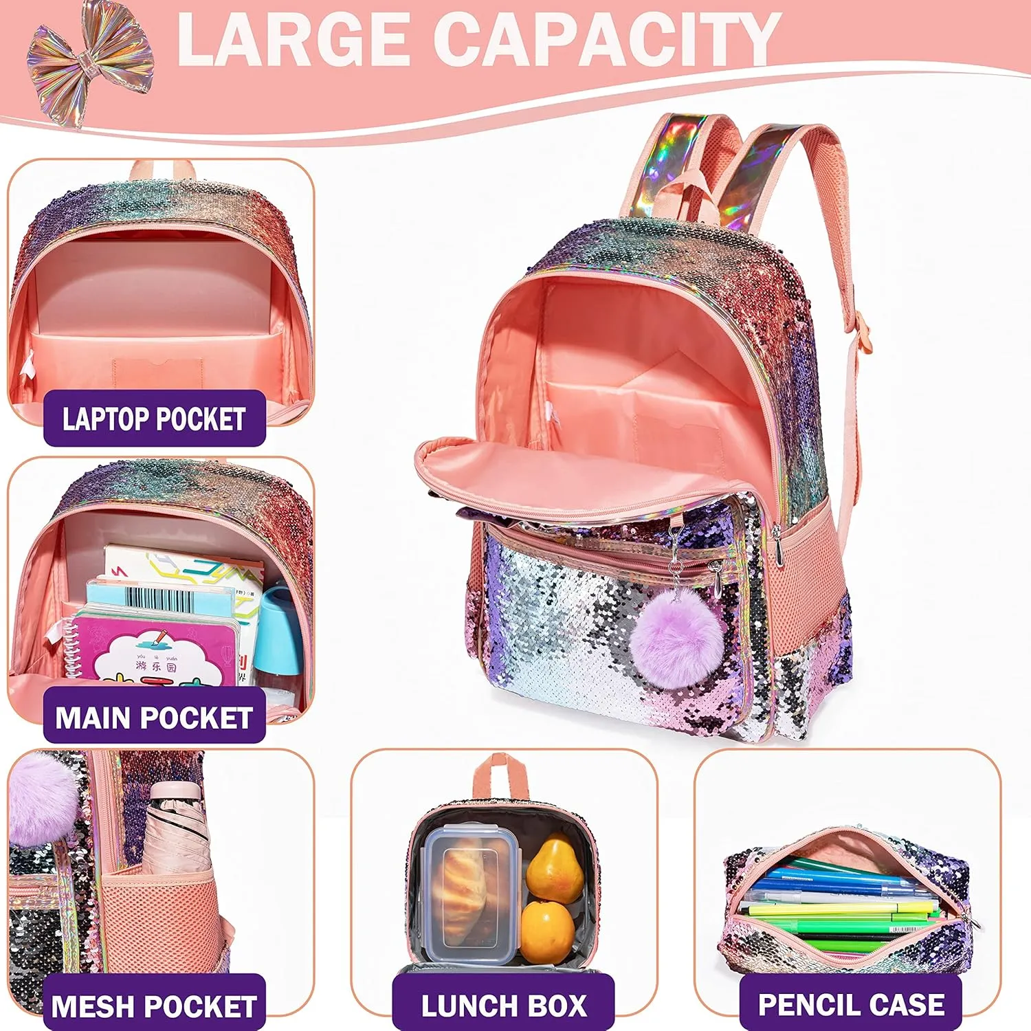 Backpack for Girls 16" Backpacks for Girls for School Sequin Backpack with Lunch Box for Elementary Students