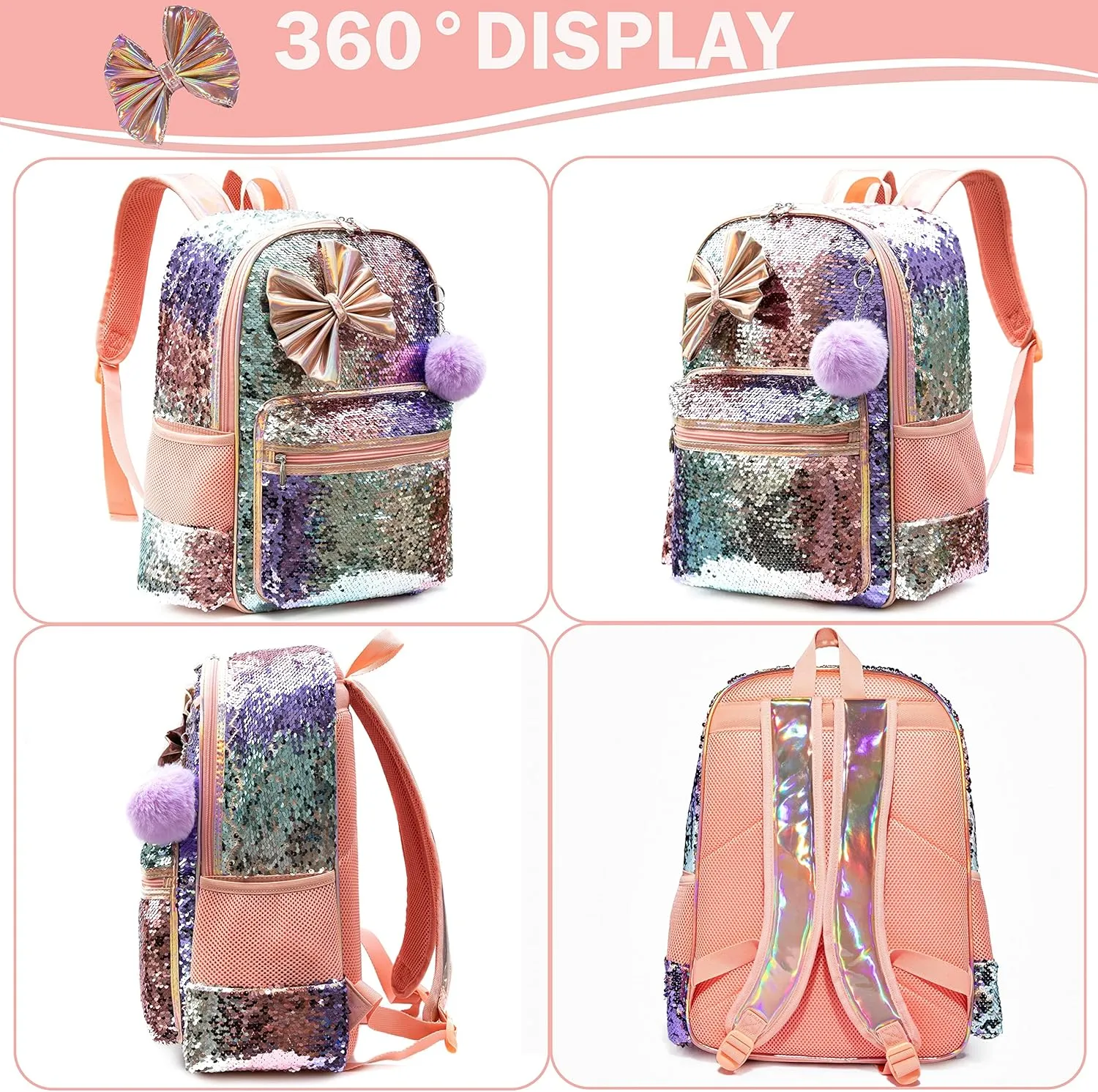 Backpack for Girls 16" Backpacks for Girls for School Sequin Backpack with Lunch Box for Elementary Students