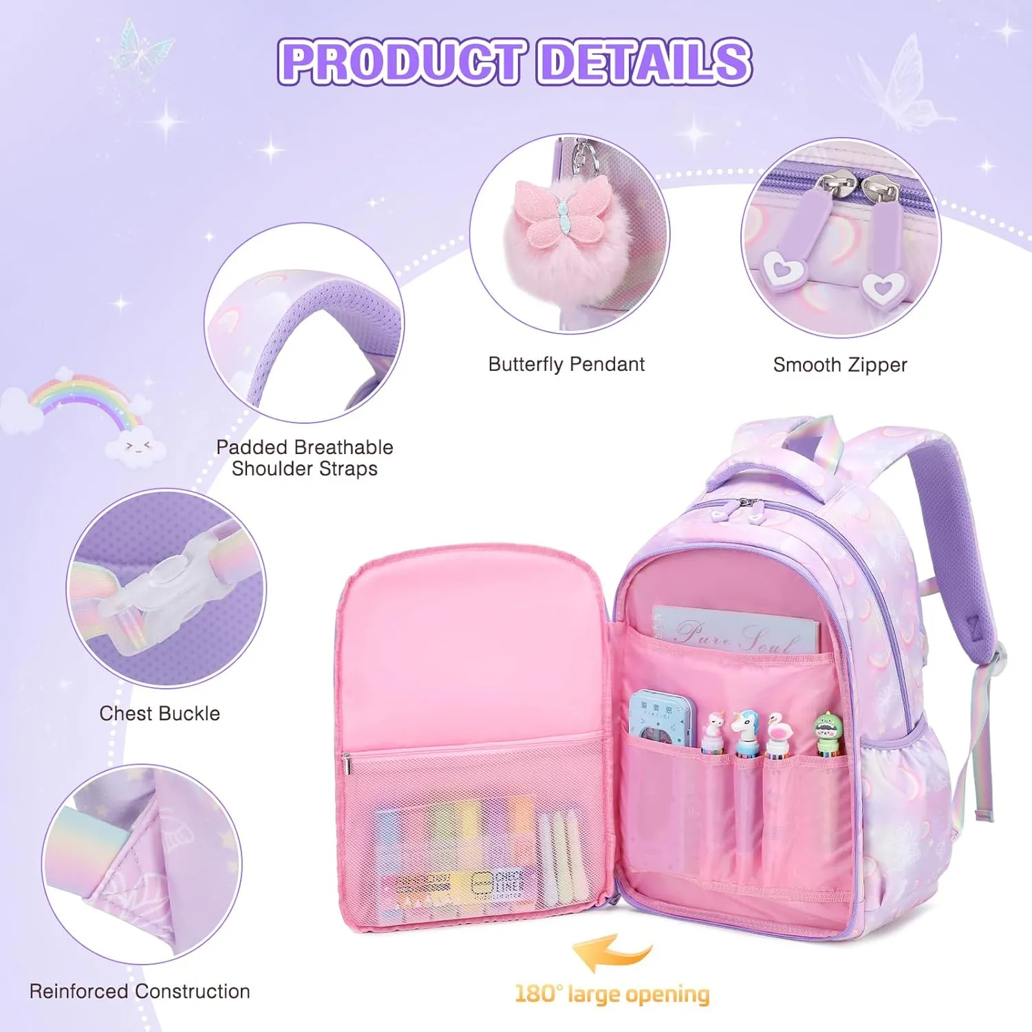 Backpack for Girls, Rainbow Butterfly Girls Backpacks with Lunch Bag Pencil Case Set, Kids Backpack Kindergarten Elementary Middle School Book Bag for Teen Girl Children Students